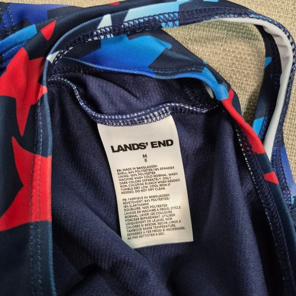Lands End Girls Star Print One Piece Swimsuit Red Blue White Size M 8 UPF 50+